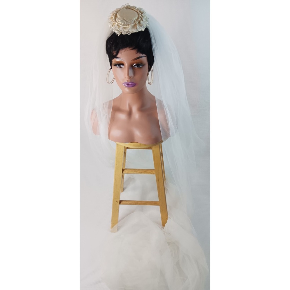 Vintage bridal wedding Tulle net beaded head piece layered long Veil 122.5" long - Picture 9 of 11